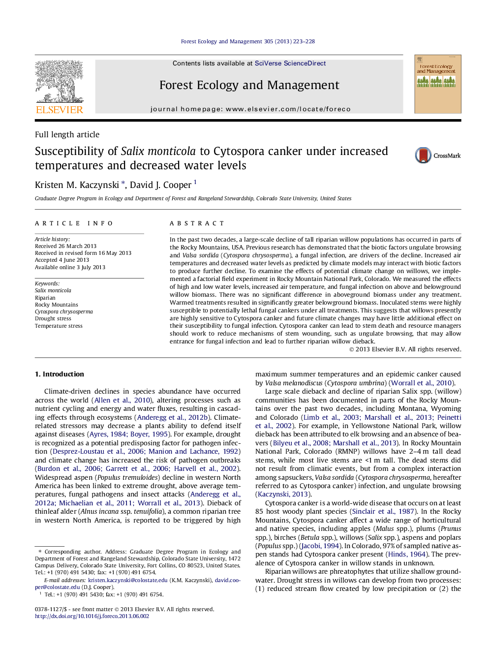 Susceptibility of Salix monticola to Cytospora canker under increased temperatures and decreased water levels