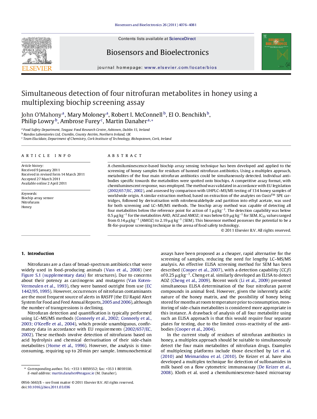 Simultaneous detection of four nitrofuran metabolites in honey using a multiplexing biochip screening assay