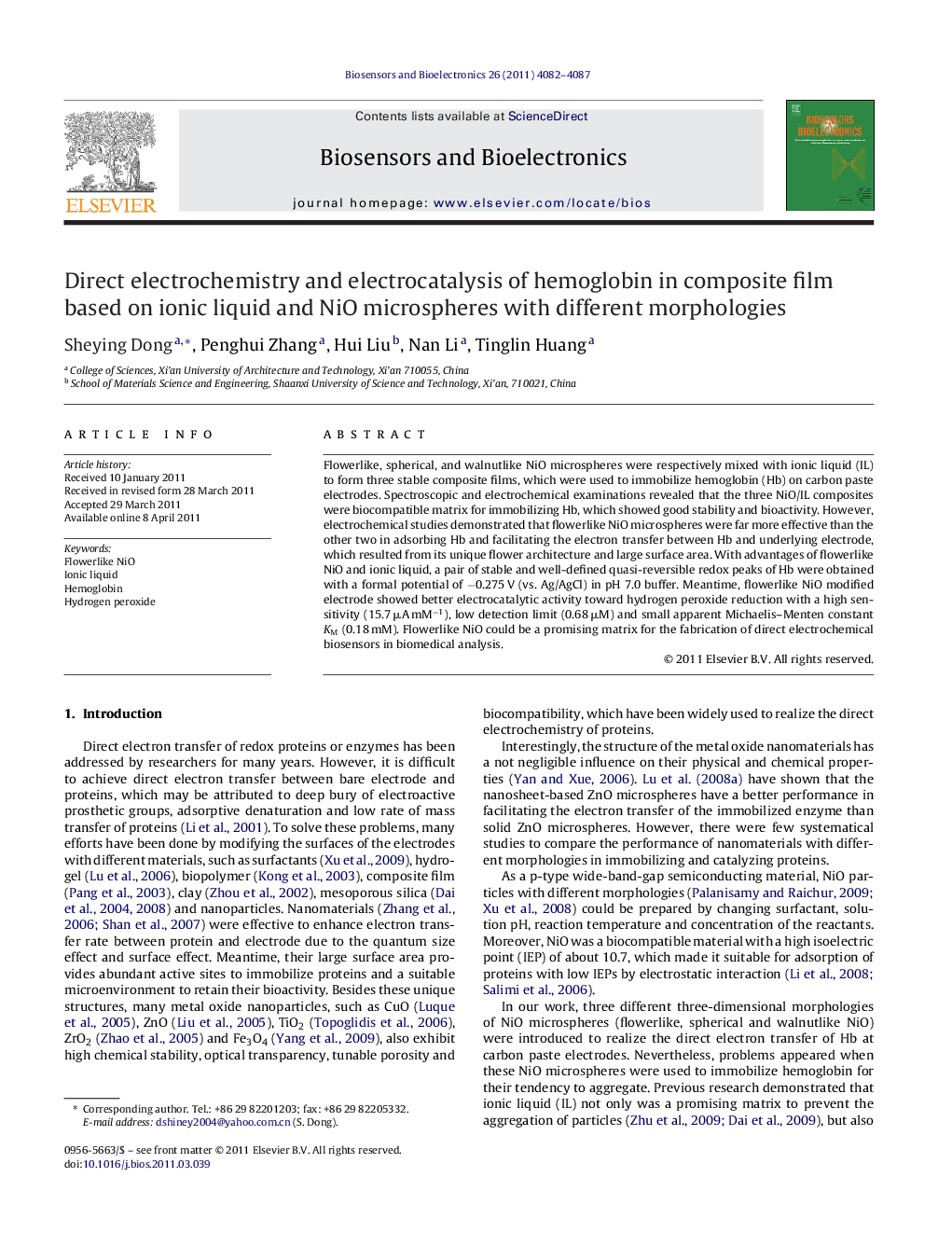 Direct electrochemistry and electrocatalysis of hemoglobin in composite film based on ionic liquid and NiO microspheres with different morphologies