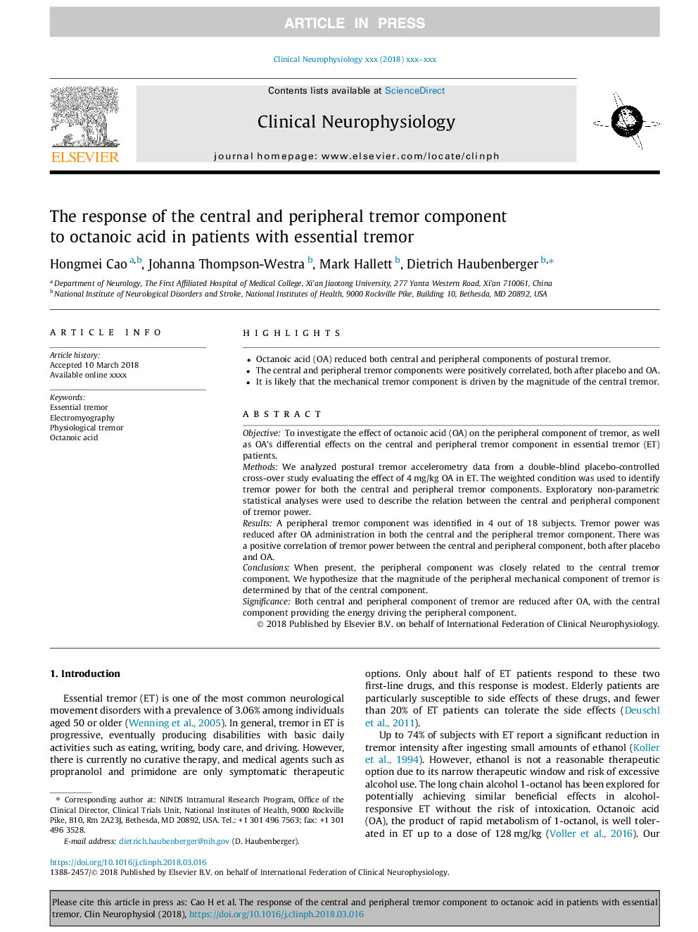 The response of the central and peripheral tremor component to octanoic acid in patients with essential tremor