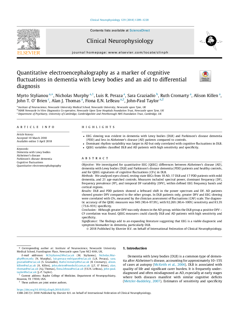 Quantitative electroencephalography as a marker of cognitive fluctuations in dementia with Lewy bodies and an aid to differential diagnosis