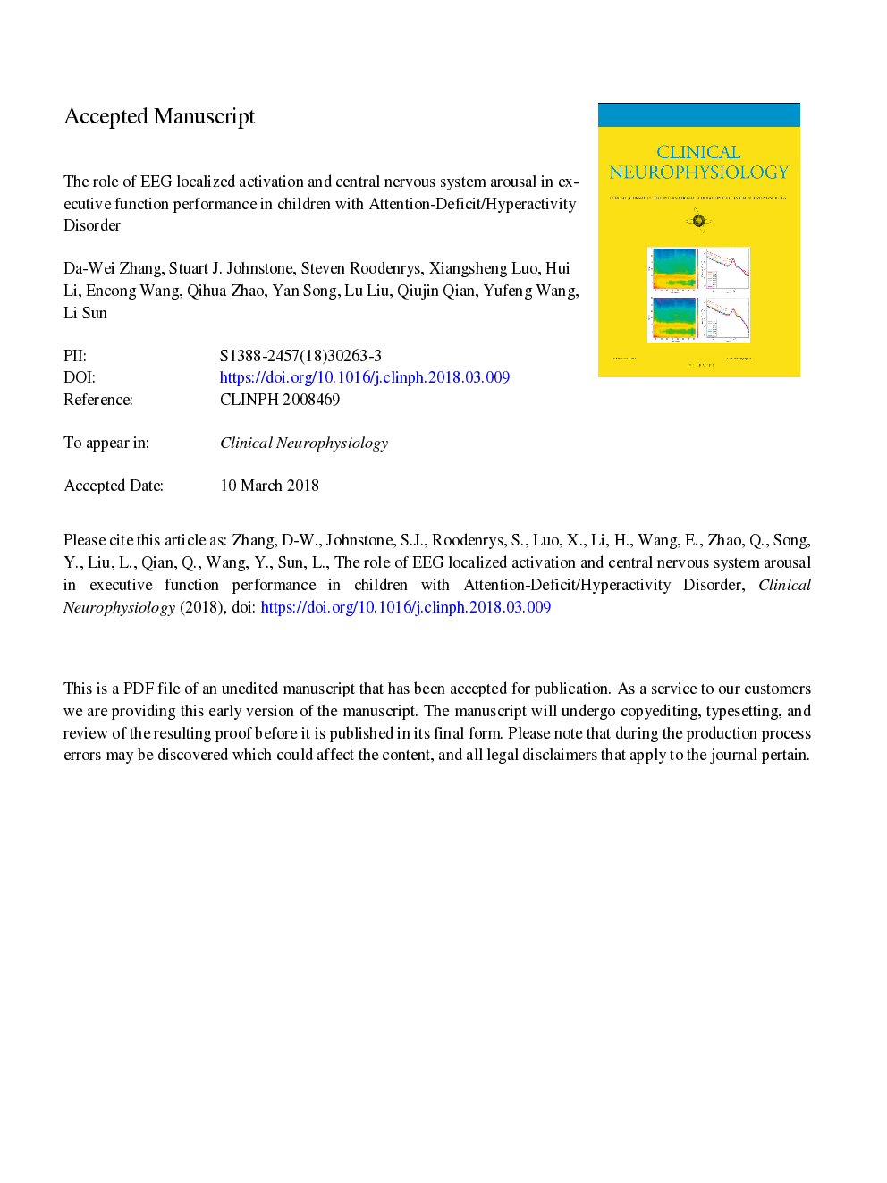 The role of resting-state EEG localized activation and central nervous system arousal in executive function performance in children with Attention-Deficit/Hyperactivity Disorder