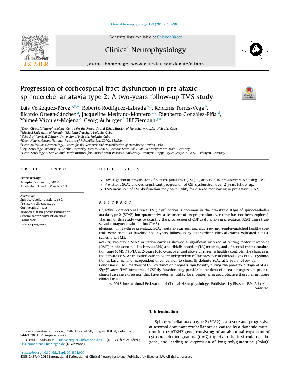 Progression of corticospinal tract dysfunction in pre-ataxic spinocerebellar ataxia type 2: A two-years follow-up TMS study