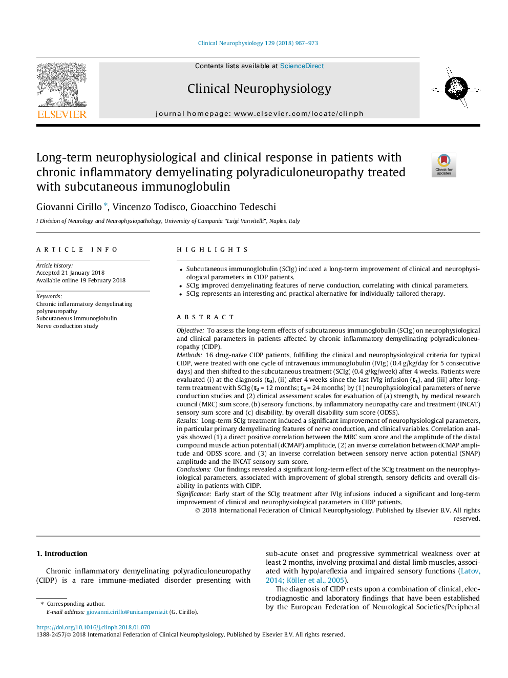 Long-term neurophysiological and clinical response in patients with chronic inflammatory demyelinating polyradiculoneuropathy treated with subcutaneous immunoglobulin