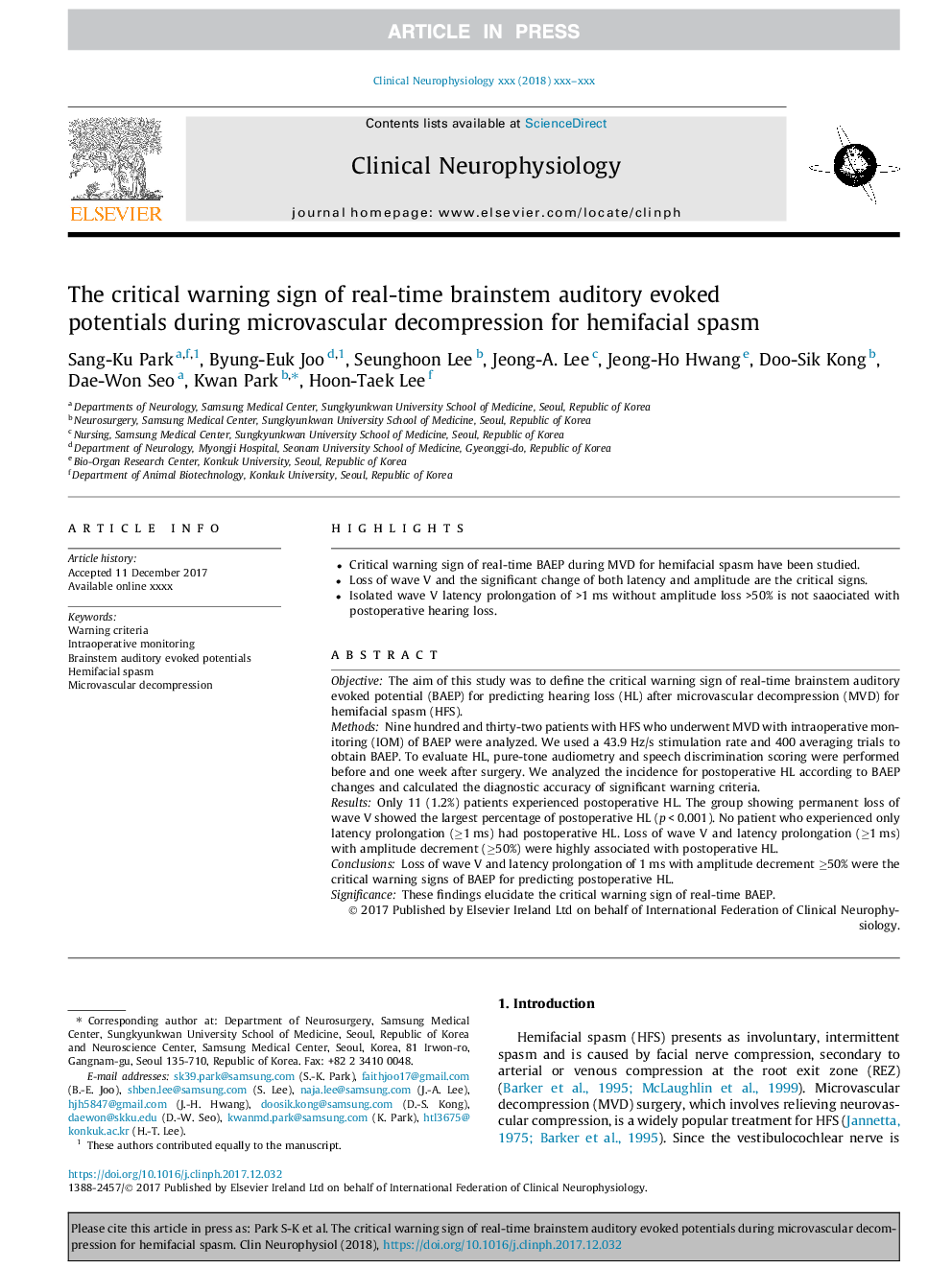 The critical warning sign of real-time brainstem auditory evoked potentials during microvascular decompression for hemifacial spasm