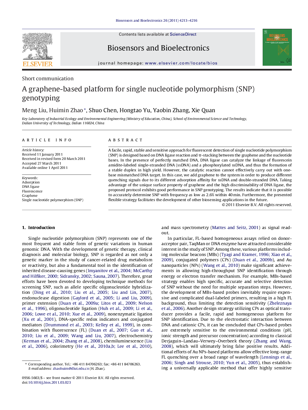 A graphene-based platform for single nucleotide polymorphism (SNP) genotyping