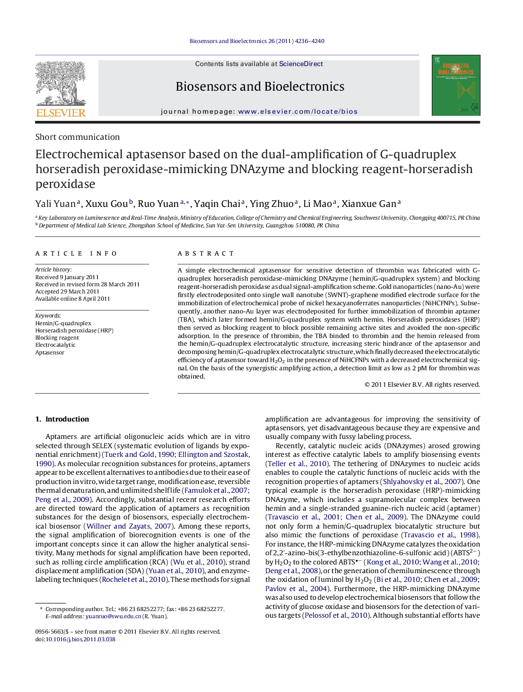 Electrochemical aptasensor based on the dual-amplification of G-quadruplex horseradish peroxidase-mimicking DNAzyme and blocking reagent-horseradish peroxidase