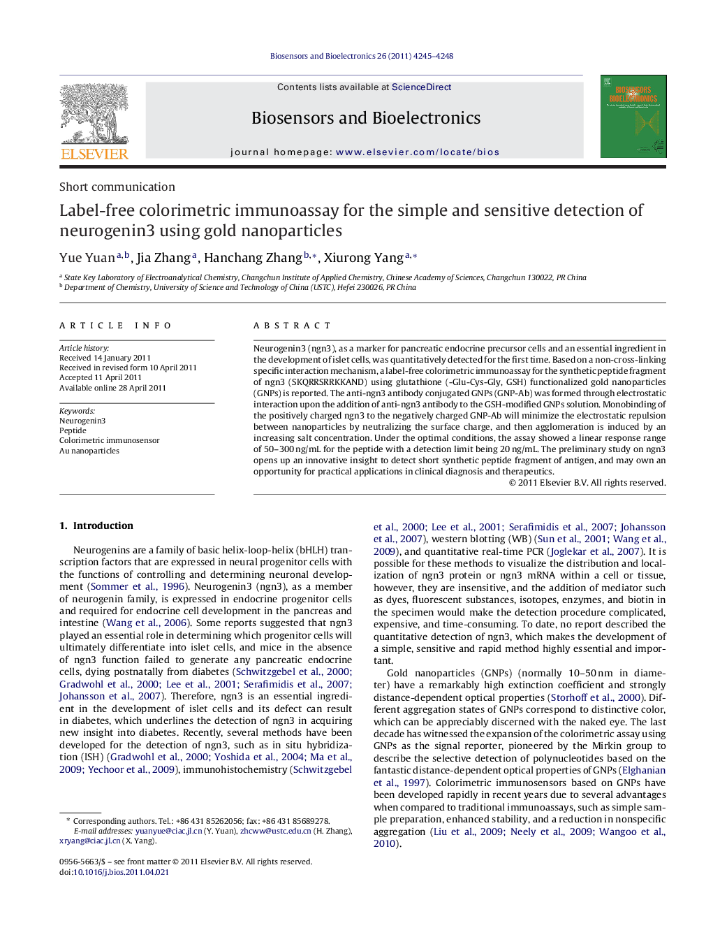 Label-free colorimetric immunoassay for the simple and sensitive detection of neurogenin3 using gold nanoparticles