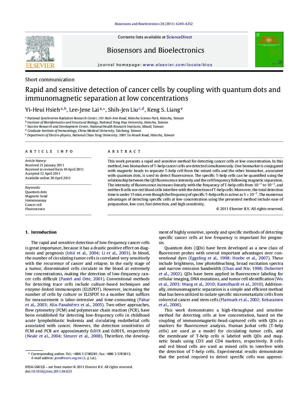 Rapid and sensitive detection of cancer cells by coupling with quantum dots and immunomagnetic separation at low concentrations