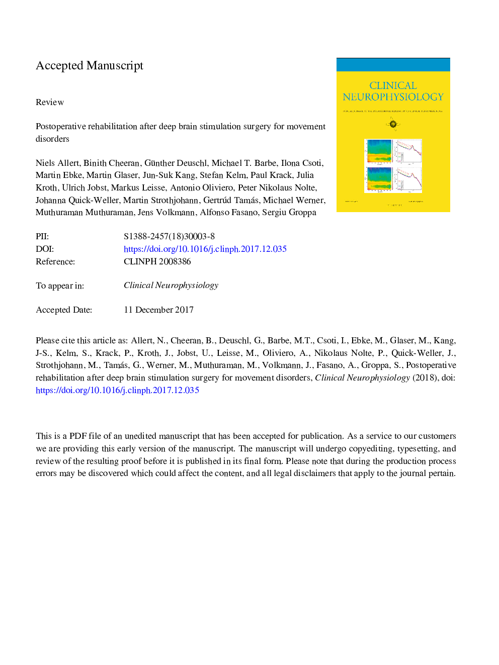 Postoperative rehabilitation after deep brain stimulation surgery for movement disorders