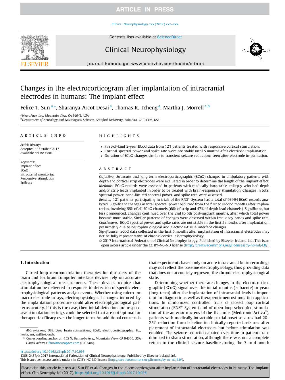 Changes in the electrocorticogram after implantation of intracranial electrodes in humans: The implant effect