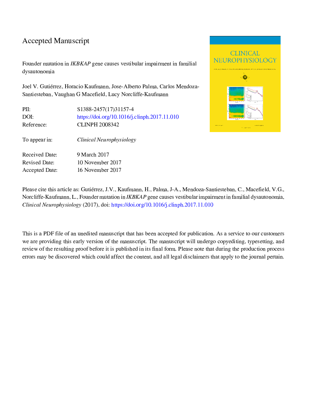 Founder mutation in IKBKAP gene causes vestibular impairment in familial dysautonomia