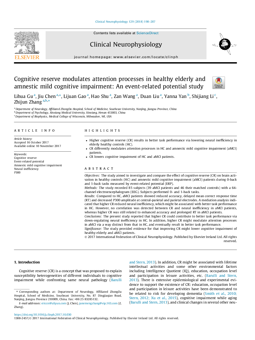 Cognitive reserve modulates attention processes in healthy elderly and amnestic mild cognitive impairment: An event-related potential study