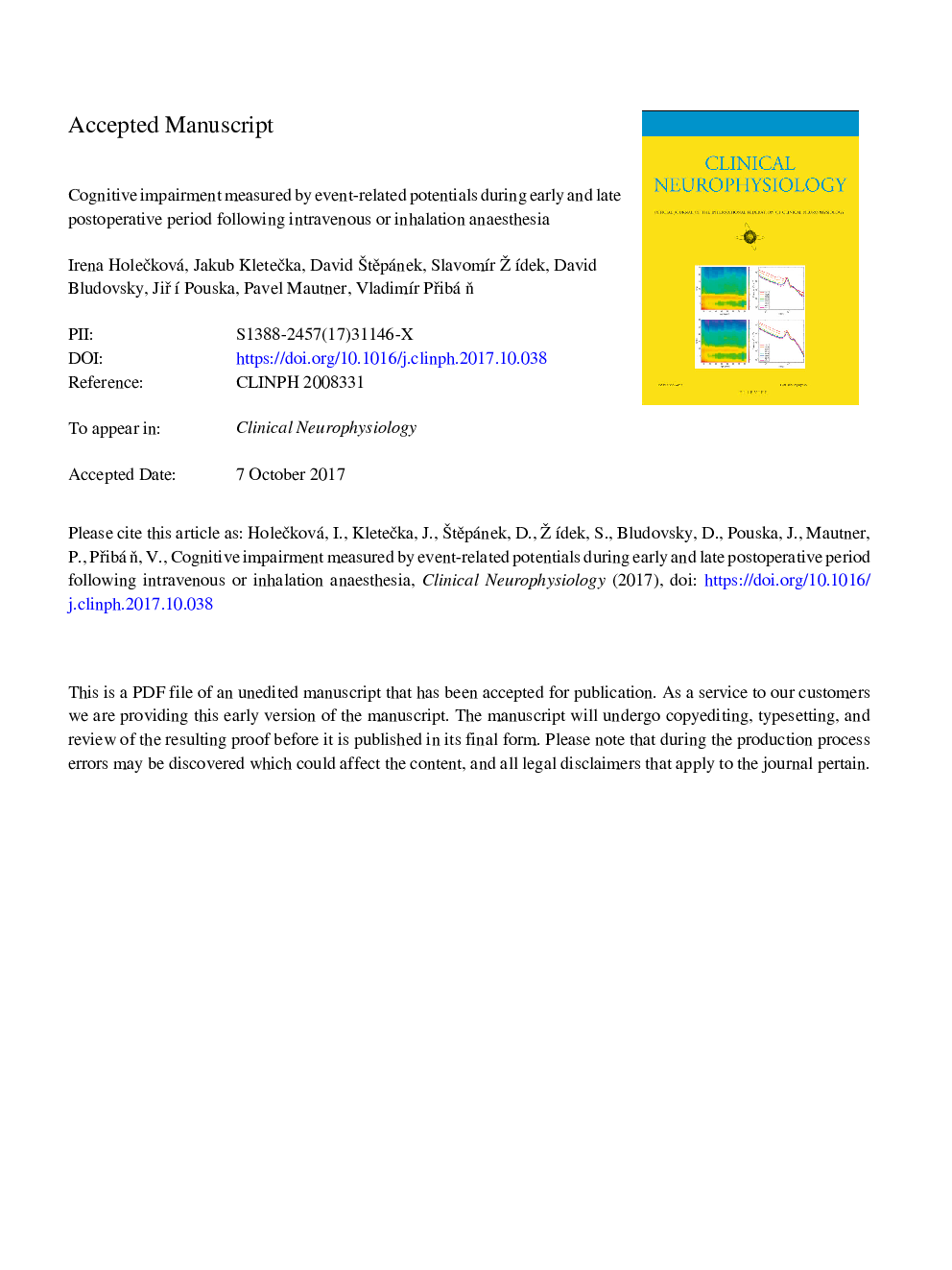 Cognitive impairment measured by event-related potentials during early and late postoperative period following intravenous or inhalation anaesthesia