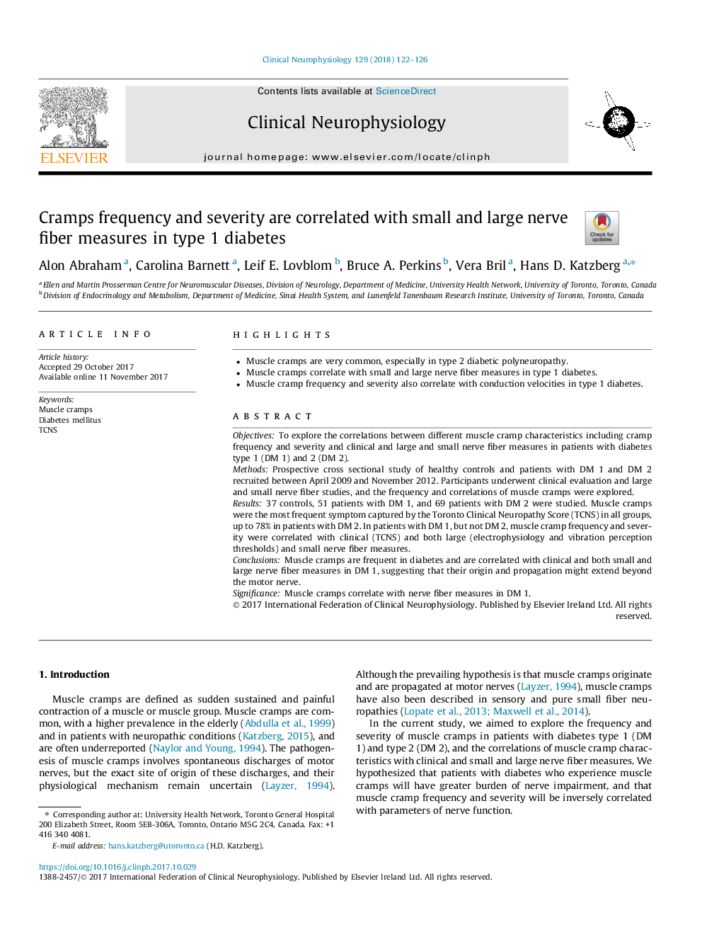 Cramps frequency and severity are correlated with small and large nerve fiber measures in type 1 diabetes