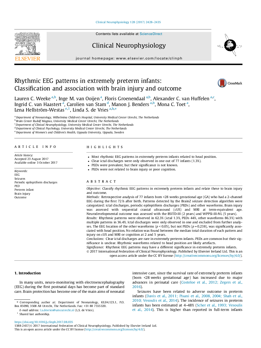 Rhythmic EEG patterns in extremely preterm infants: Classification and association with brain injury and outcome