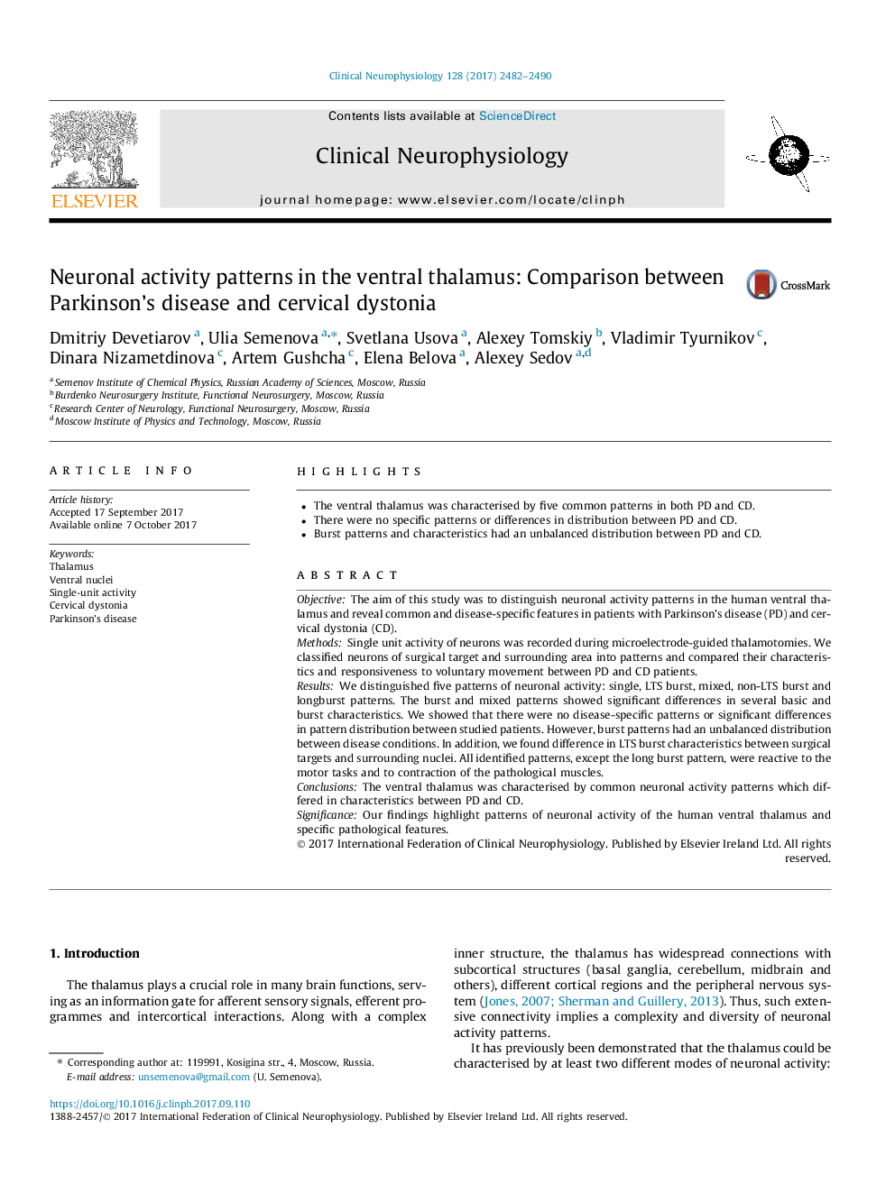 Neuronal activity patterns in the ventral thalamus: Comparison between Parkinson's disease and cervical dystonia