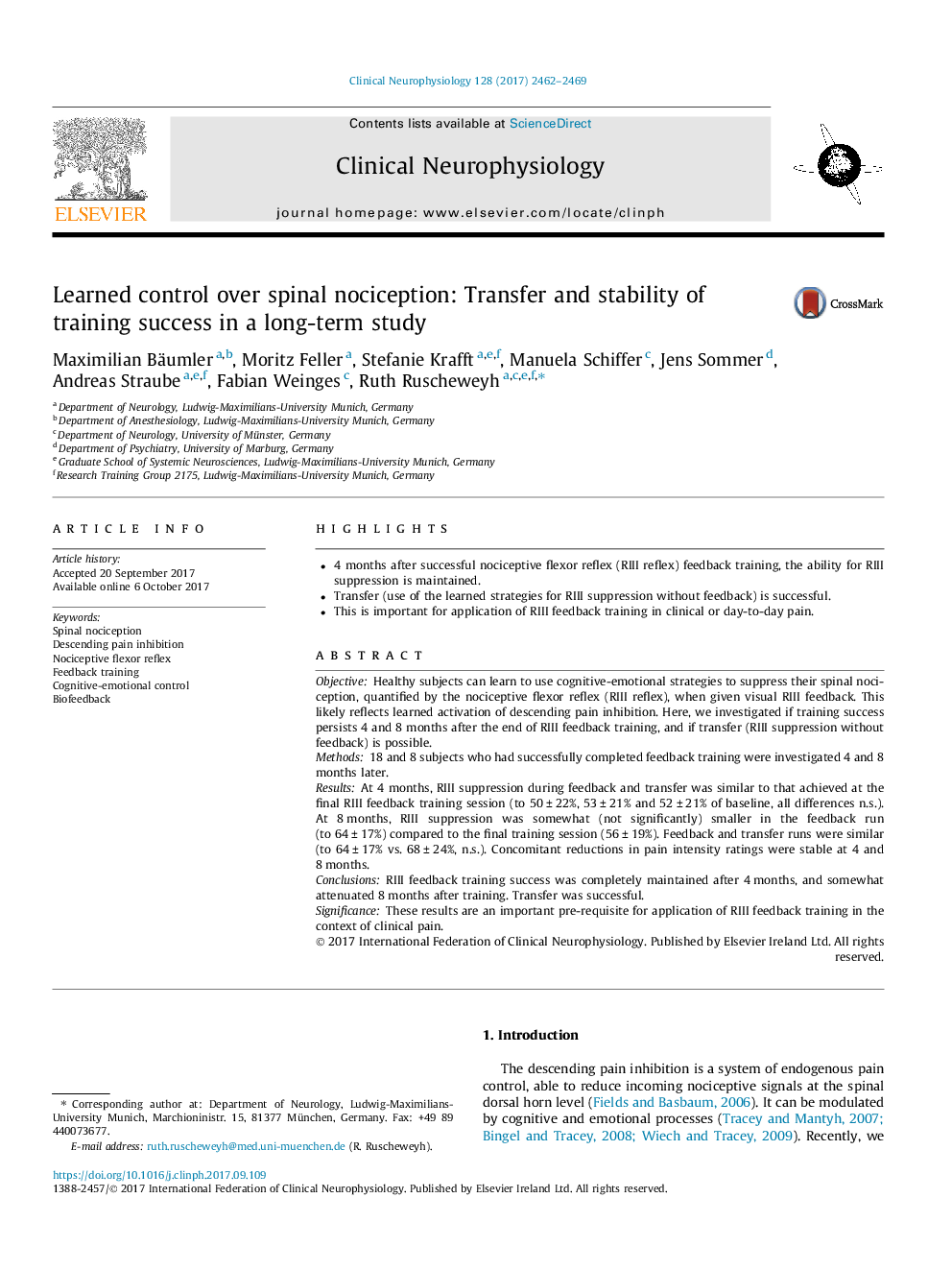 Learned control over spinal nociception: Transfer and stability of training success in a long-term study