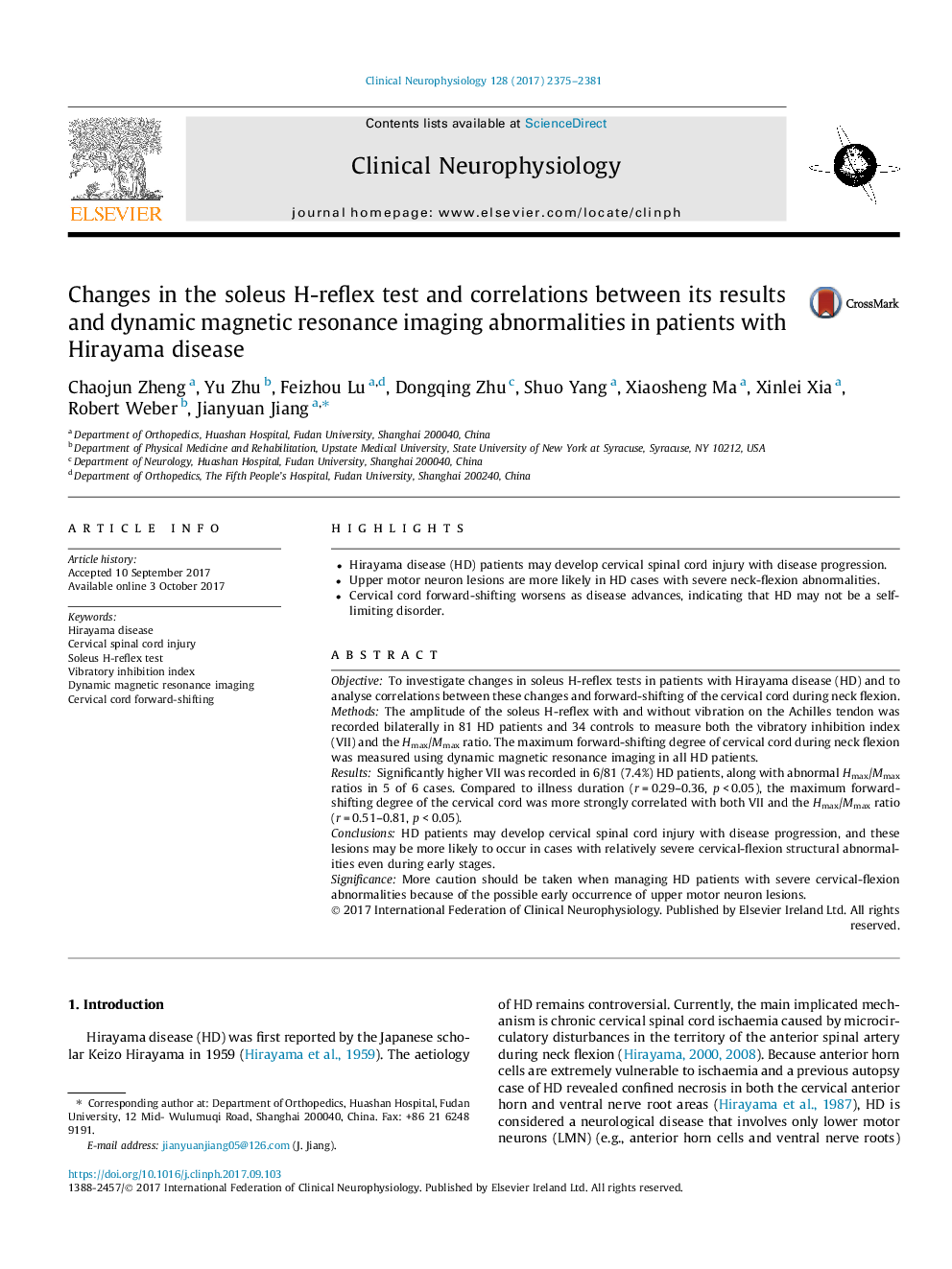 Changes in the soleus H-reflex test and correlations between its results and dynamic magnetic resonance imaging abnormalities in patients with Hirayama disease