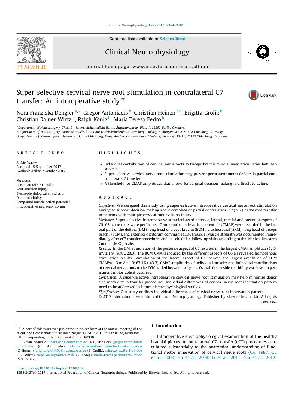 Super-selective cervical nerve root stimulation in contralateral C7 transfer: An intraoperative study