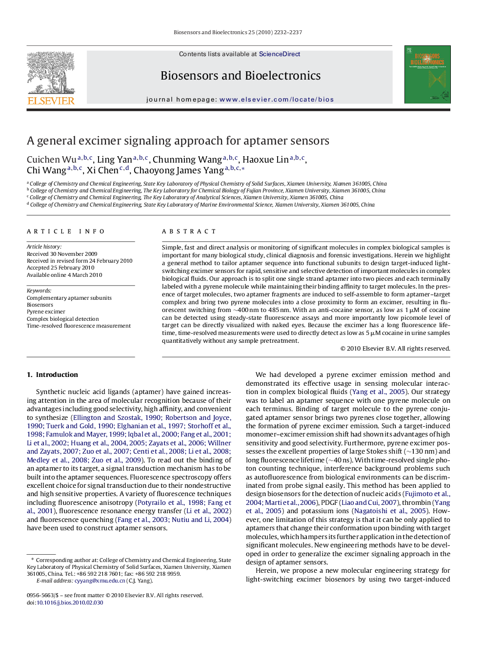 عکس صفحه اول مقاله: A general excimer signaling approach for aptamer sensors A general excimer signaling approach for aptamer sensors