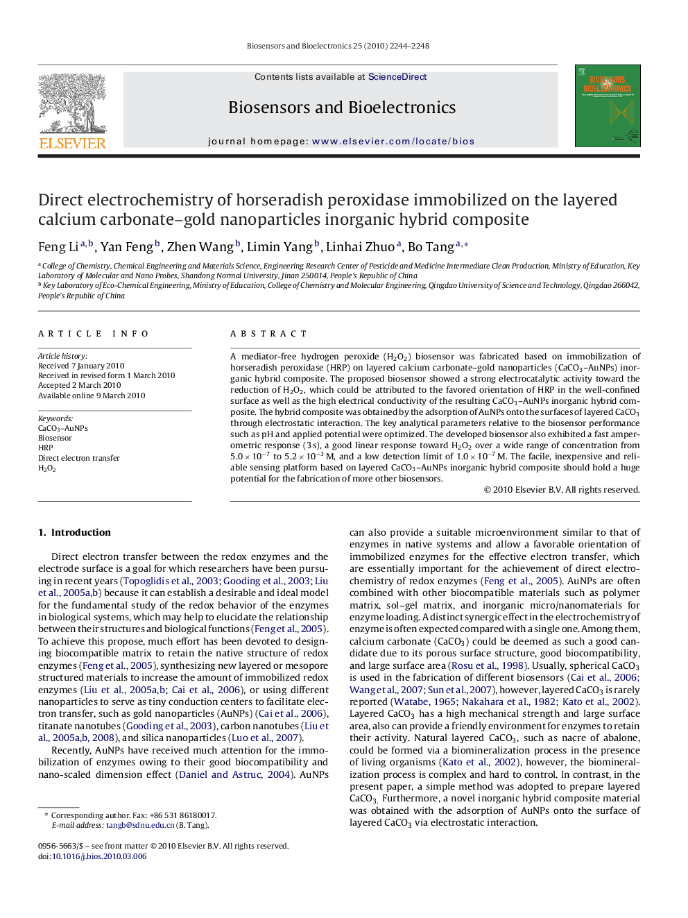 Direct electrochemistry of horseradish peroxidase immobilized on the layered calcium carbonate–gold nanoparticles inorganic hybrid composite