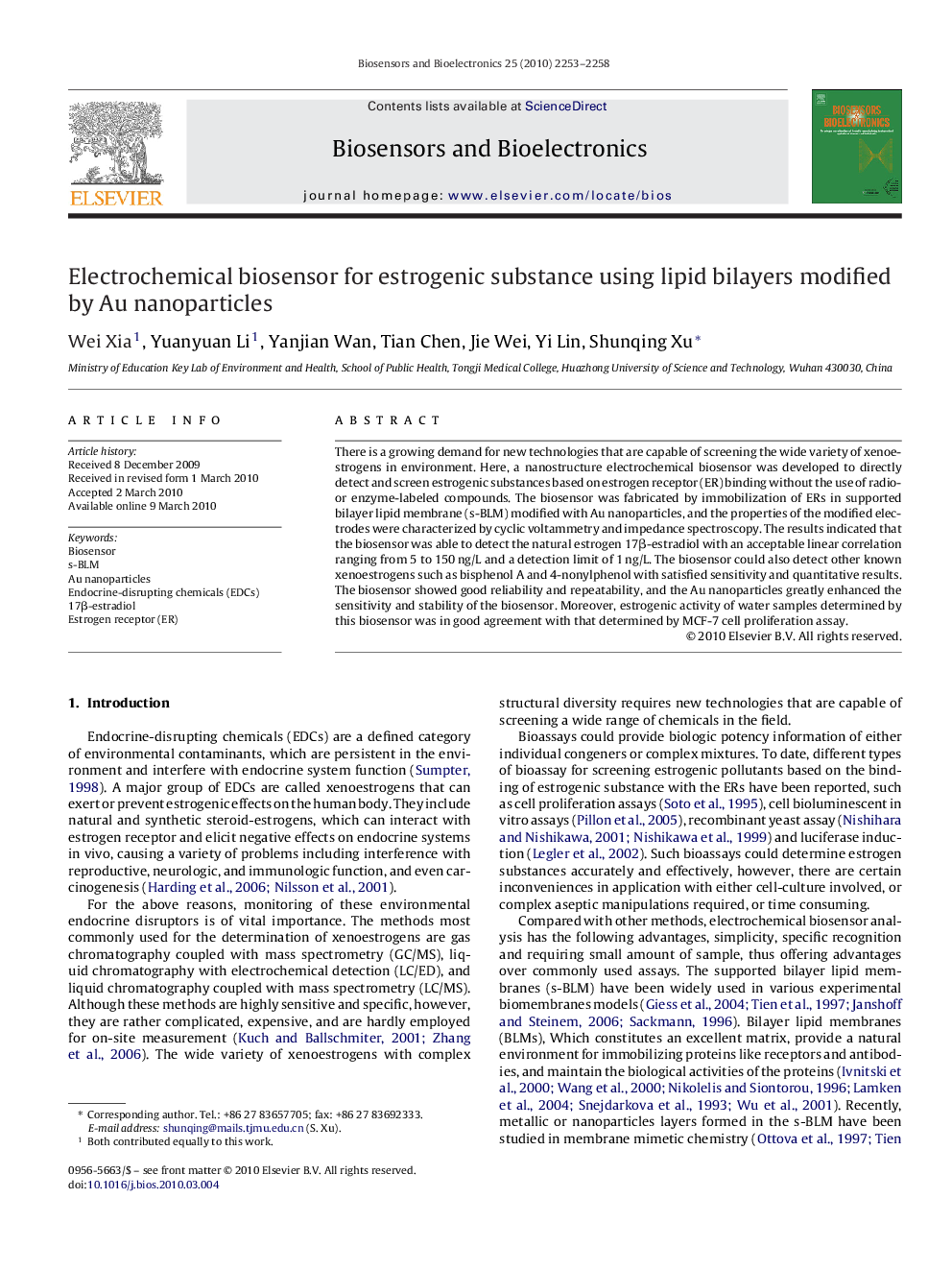 Electrochemical biosensor for estrogenic substance using lipid bilayers modified by Au nanoparticles