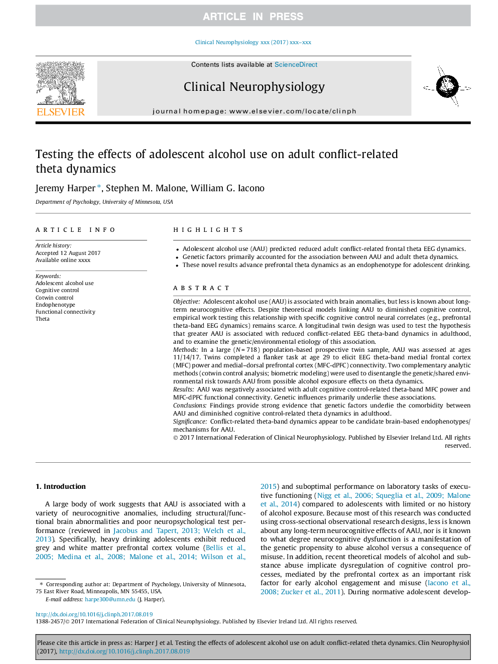 Testing the effects of adolescent alcohol use on adult conflict-related theta dynamics