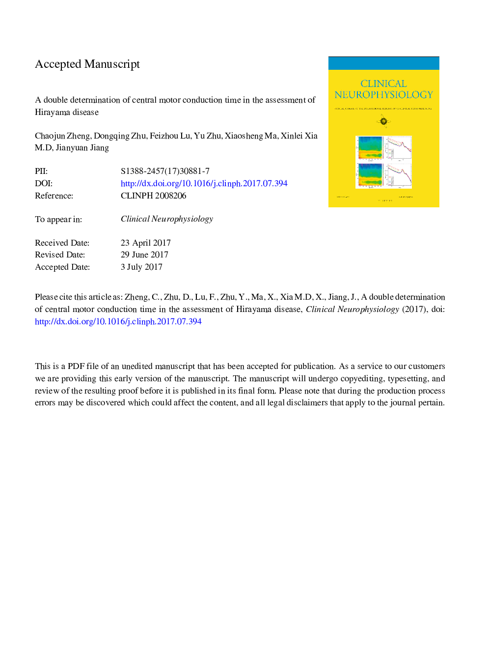 A double determination of central motor conduction time in the assessment of Hirayama disease