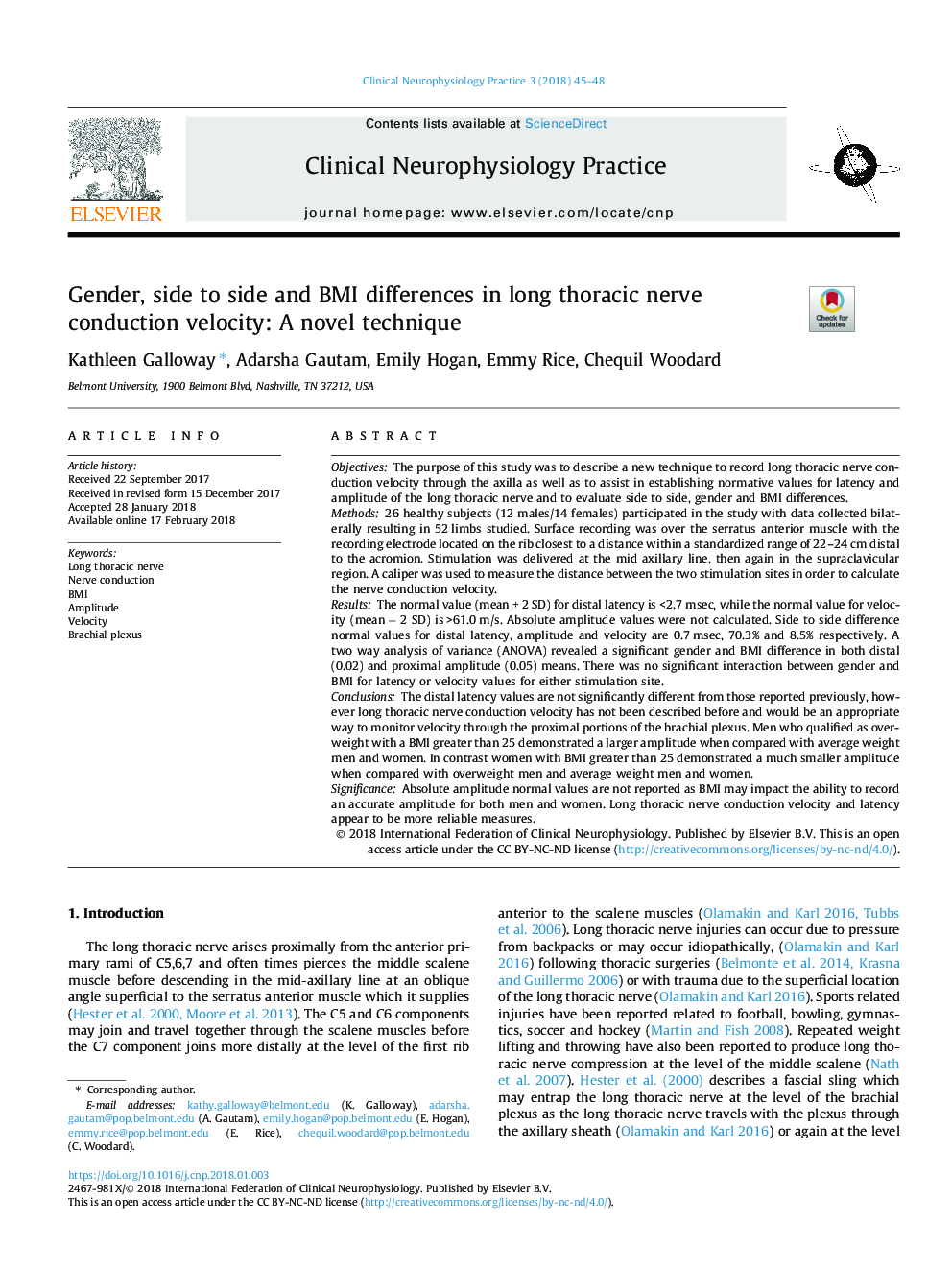 Gender, side to side and BMI differences in long thoracic nerve conduction velocity: A novel technique