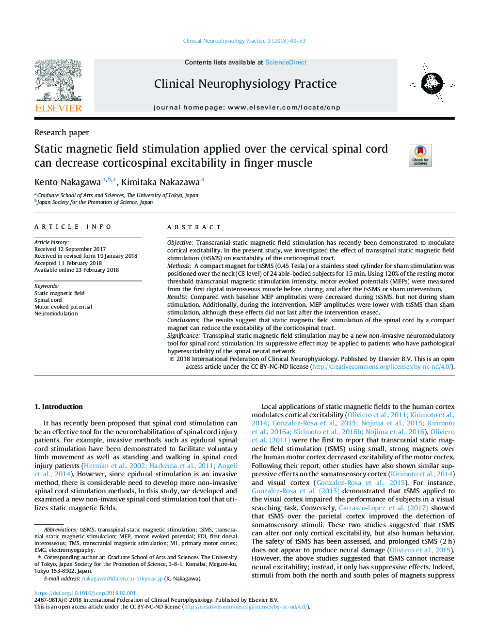 Static magnetic field stimulation applied over the cervical spinal cord can decrease corticospinal excitability in finger muscle