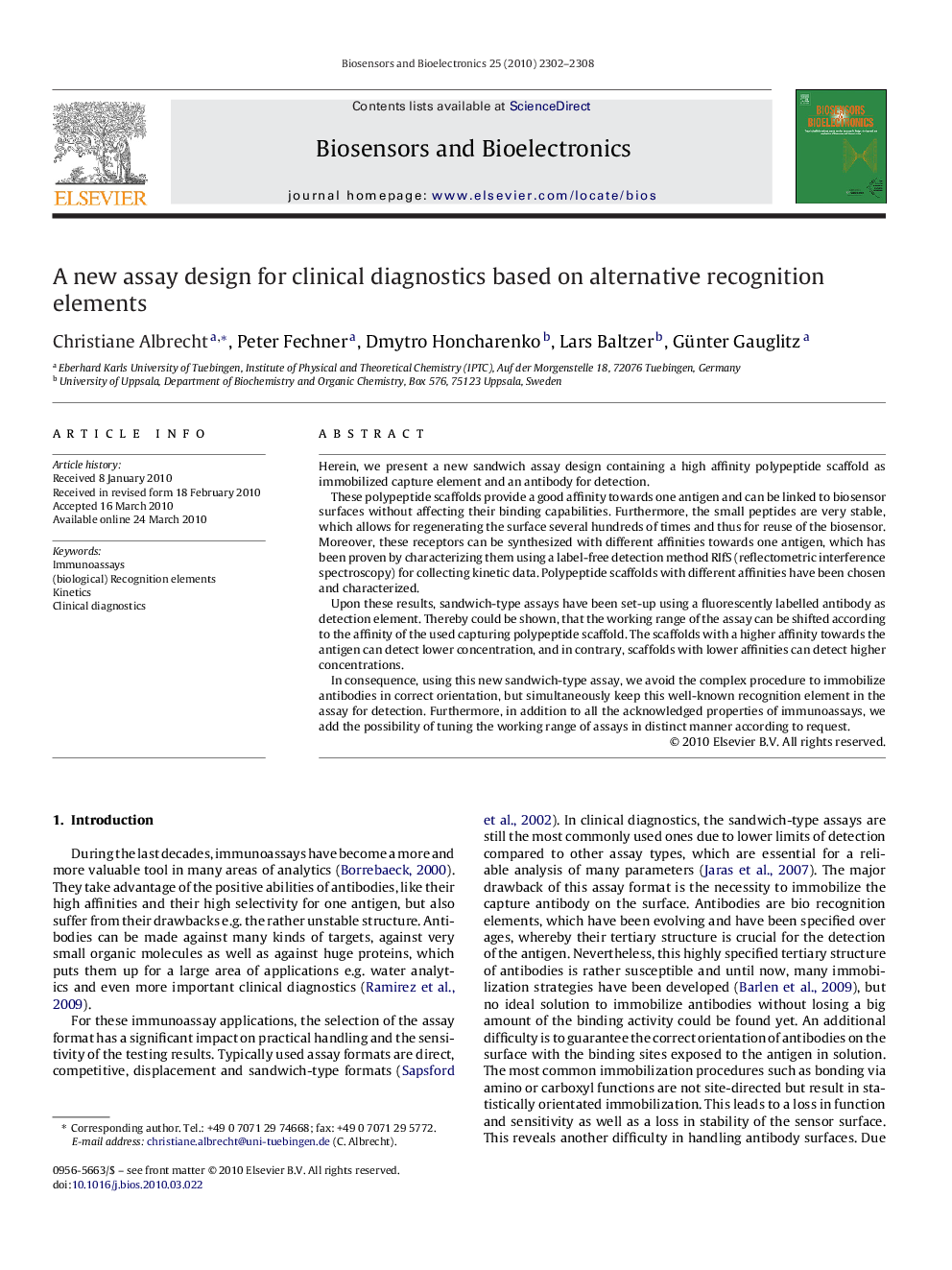 A new assay design for clinical diagnostics based on alternative recognition elements