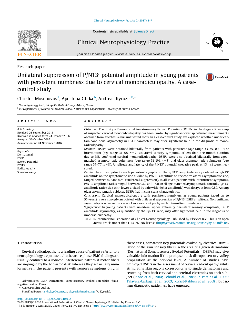 Unilateral suppression of P/N13â² potential amplitude in young patients with persistent numbness due to cervical monoradiculopathy. A case-control study