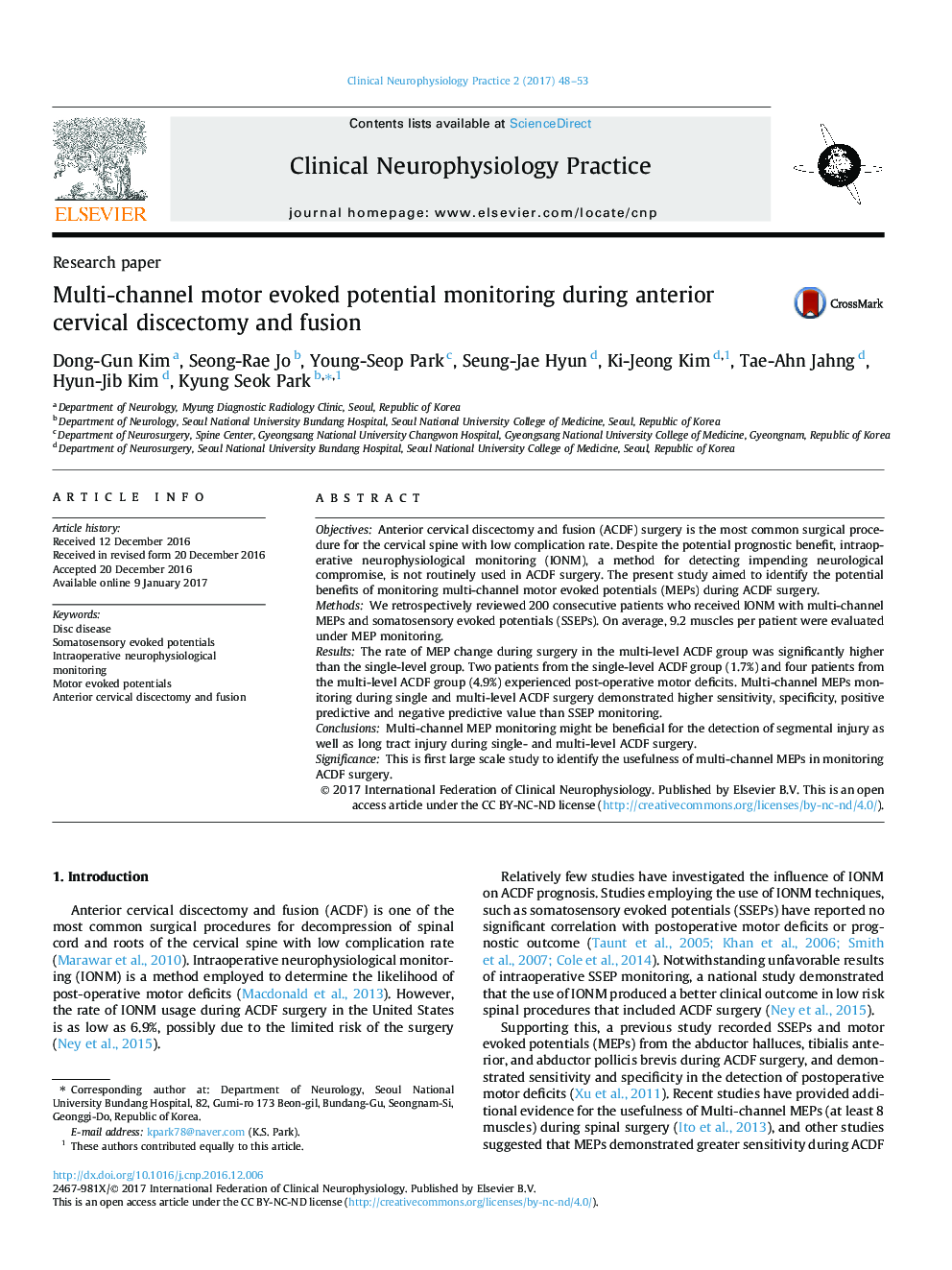 Multi-channel motor evoked potential monitoring during anterior cervical discectomy and fusion