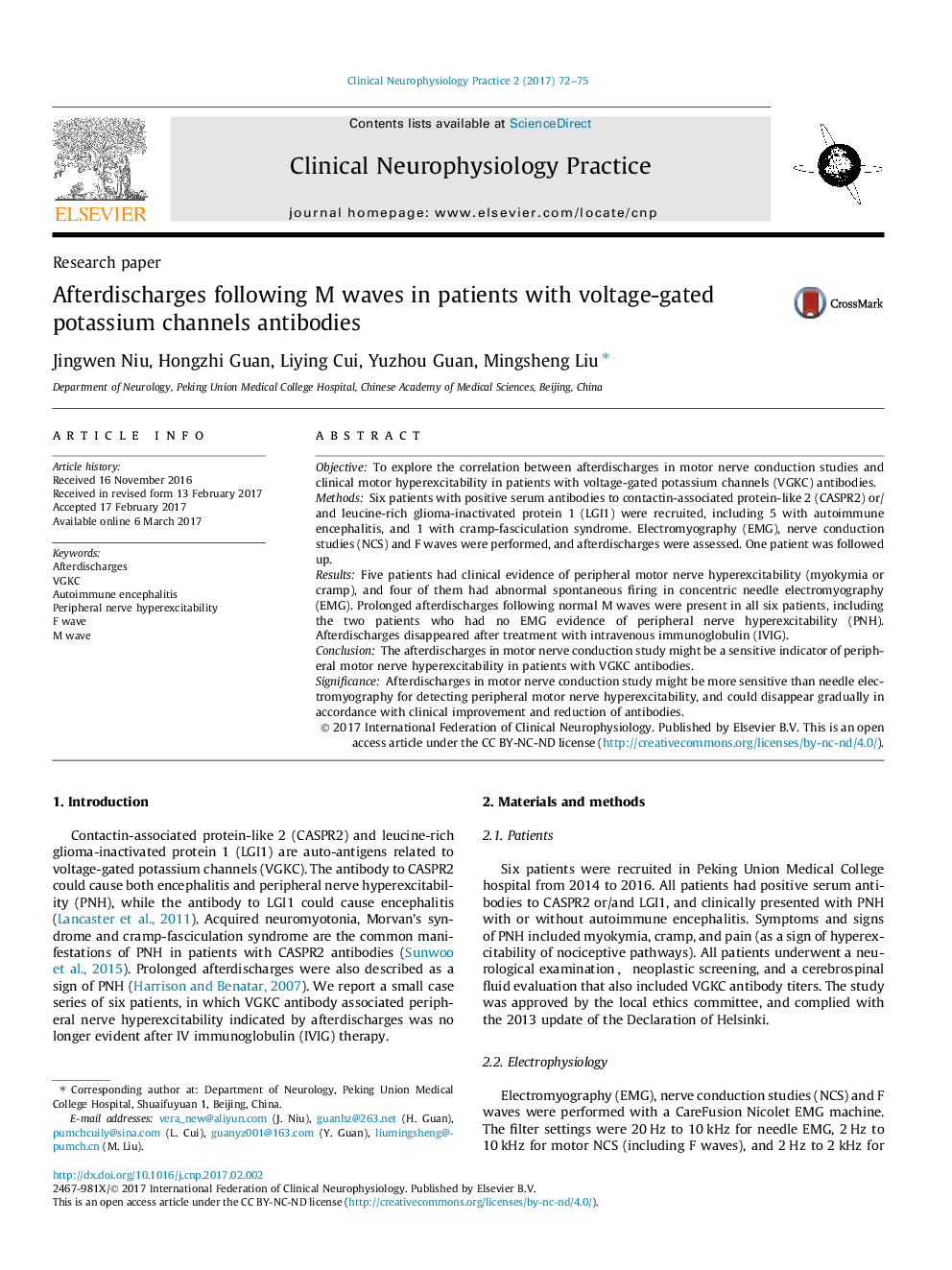 Afterdischarges following M waves in patients with voltage-gated potassium channels antibodies