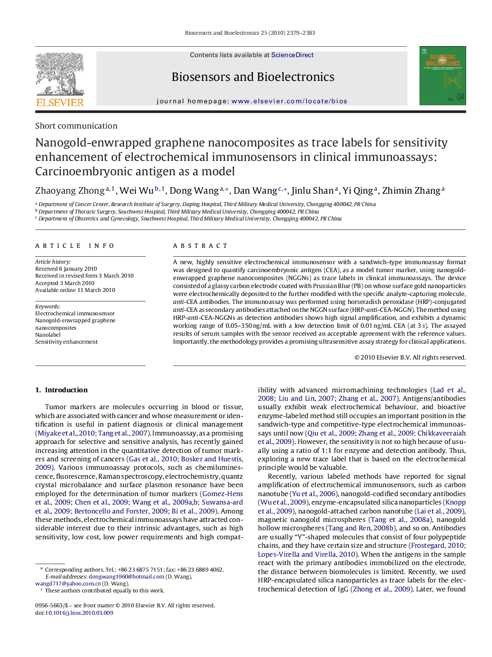 Nanogold-enwrapped graphene nanocomposites as trace labels for sensitivity enhancement of electrochemical immunosensors in clinical immunoassays: Carcinoembryonic antigen as a model