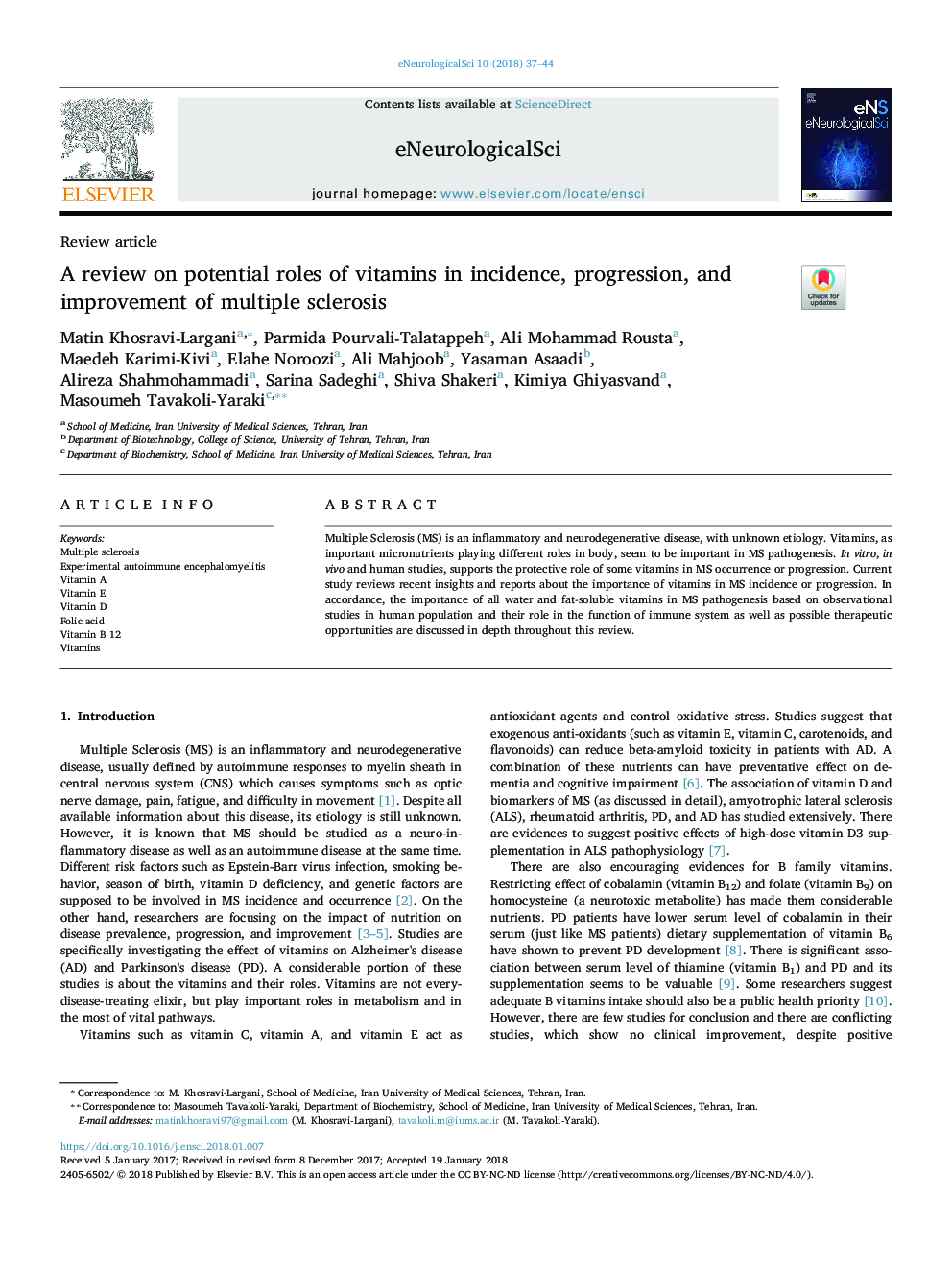 A review on potential roles of vitamins in incidence, progression, and improvement of multiple sclerosis