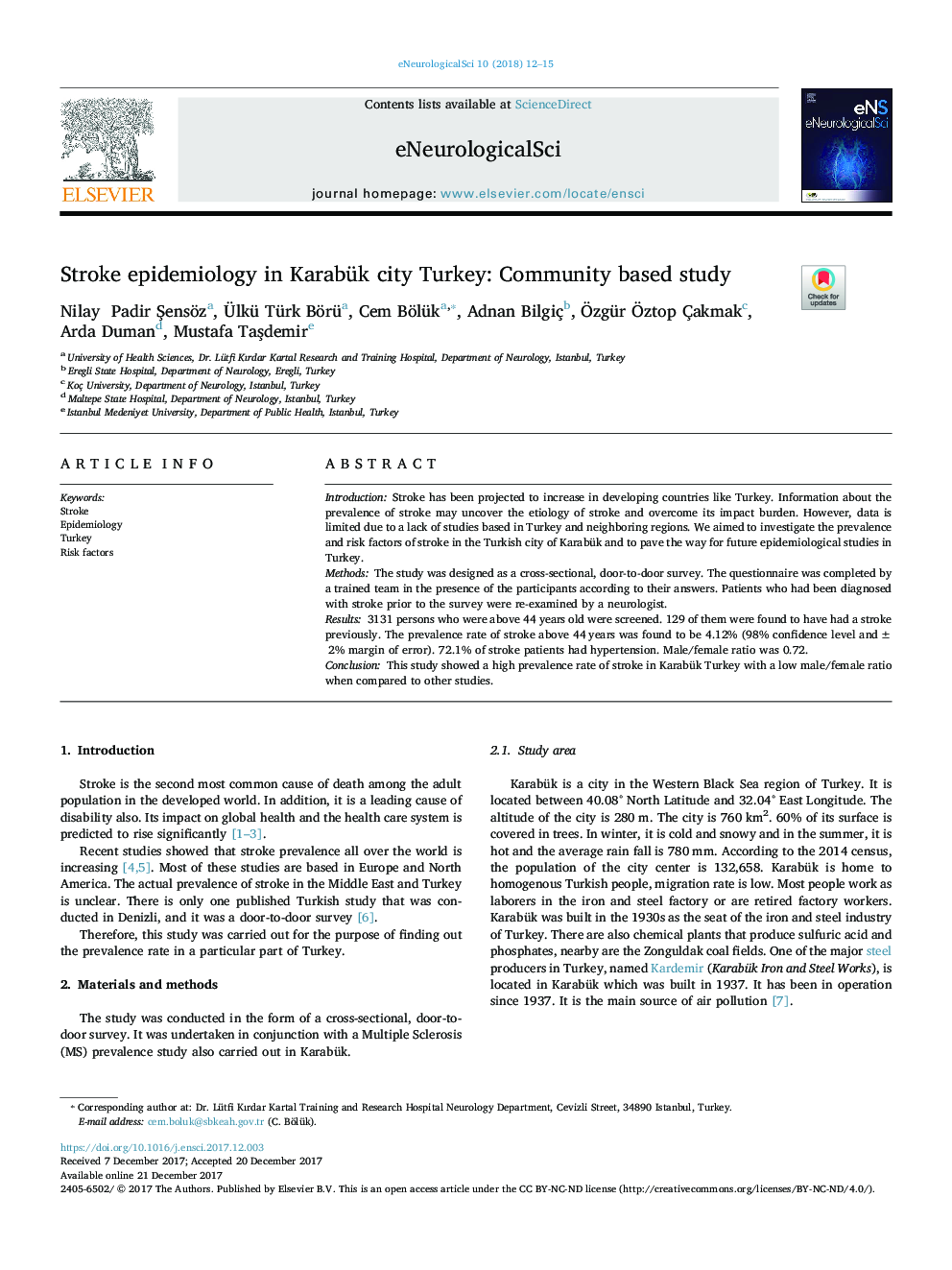 Stroke epidemiology in Karabük city Turkey: Community based study