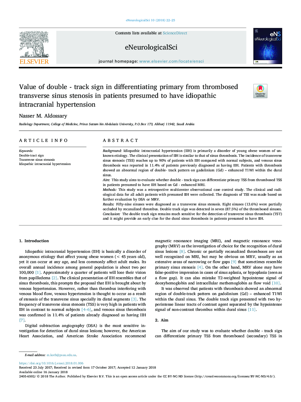 Value of double - track sign in differentiating primary from thrombosed transverse sinus stenosis in patients presumed to have idiopathic intracranial hypertension