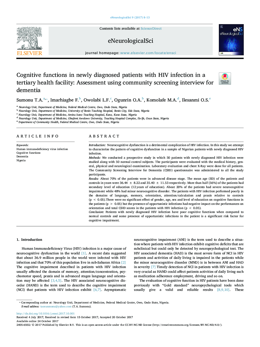 Cognitive functions in newly diagnosed patients with HIV infection in a tertiary health facility: Assessment using community screening interview for dementia