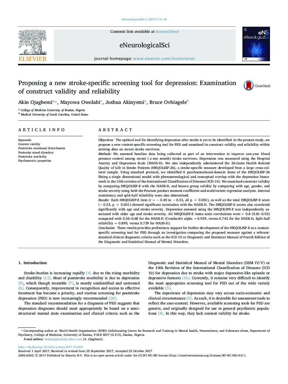 Proposing a new stroke-specific screening tool for depression: Examination of construct validity and reliability