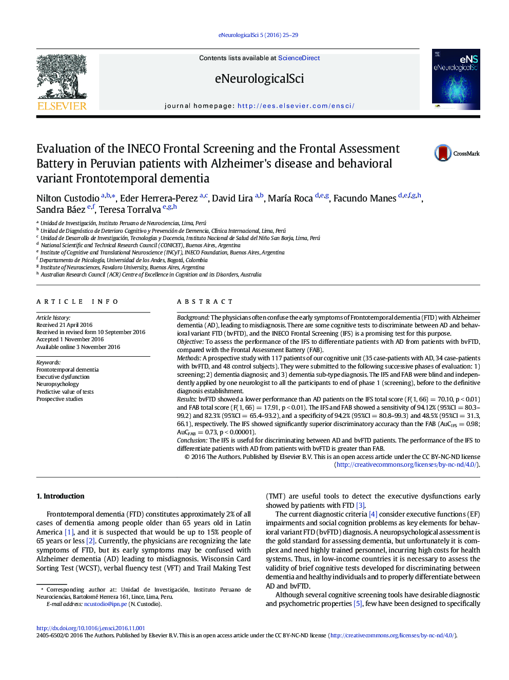 Evaluation of the INECO Frontal Screening and the Frontal Assessment Battery in Peruvian patients with Alzheimer's disease and behavioral variant Frontotemporal dementia