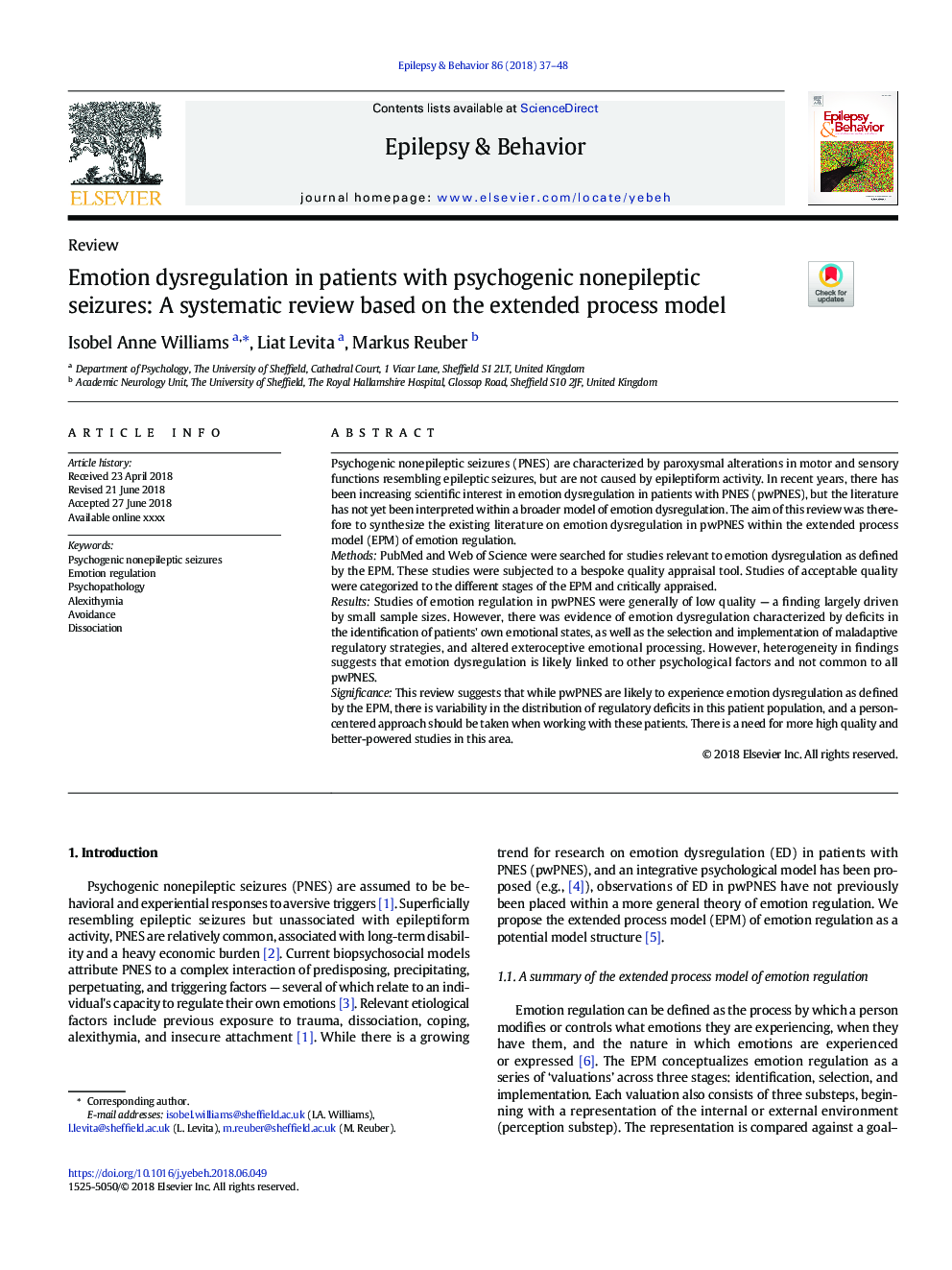 Emotion dysregulation in patients with psychogenic nonepileptic seizures: A systematic review based on the extended process model