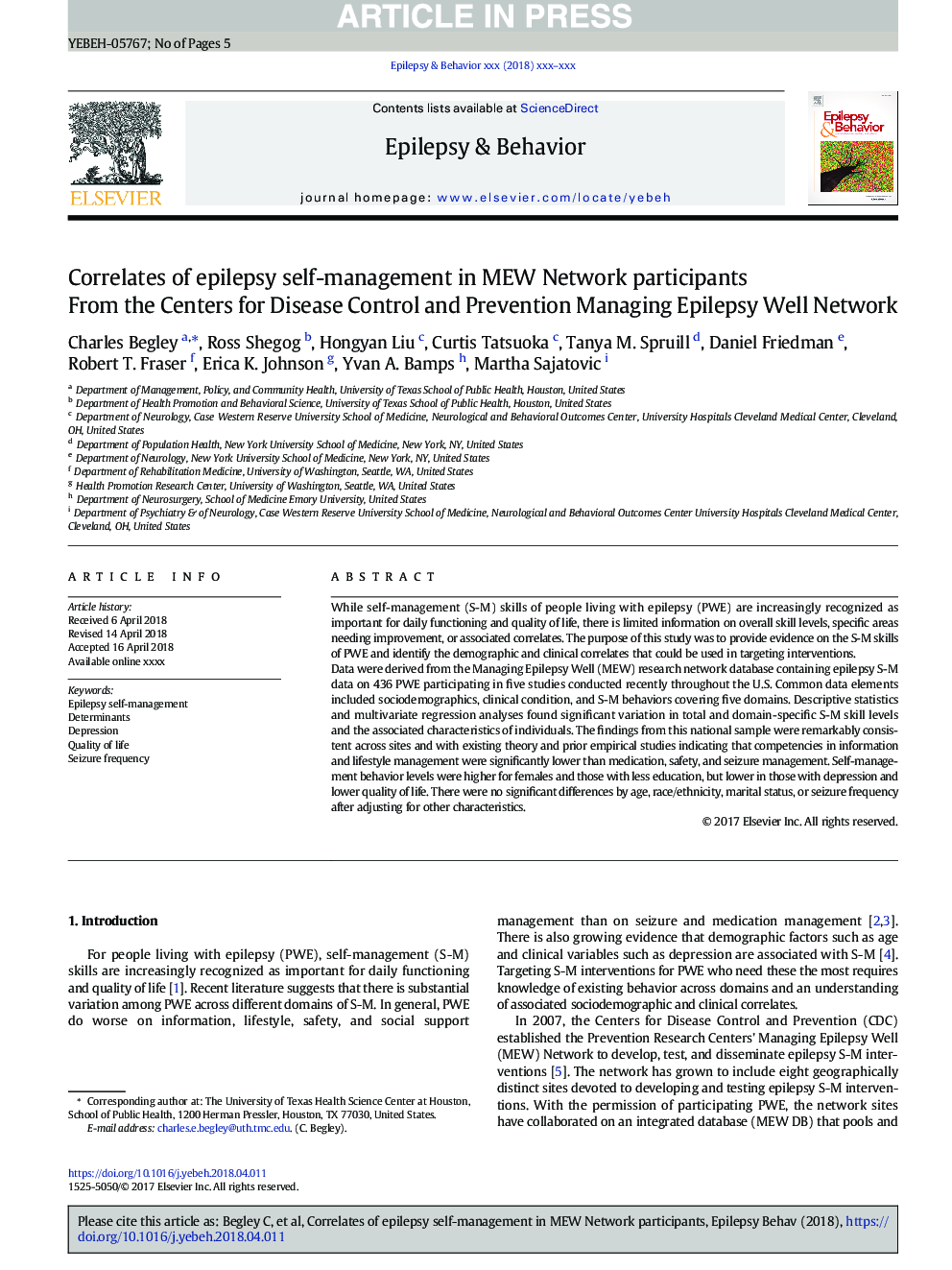 Correlates of epilepsy self-management in MEW Network participants