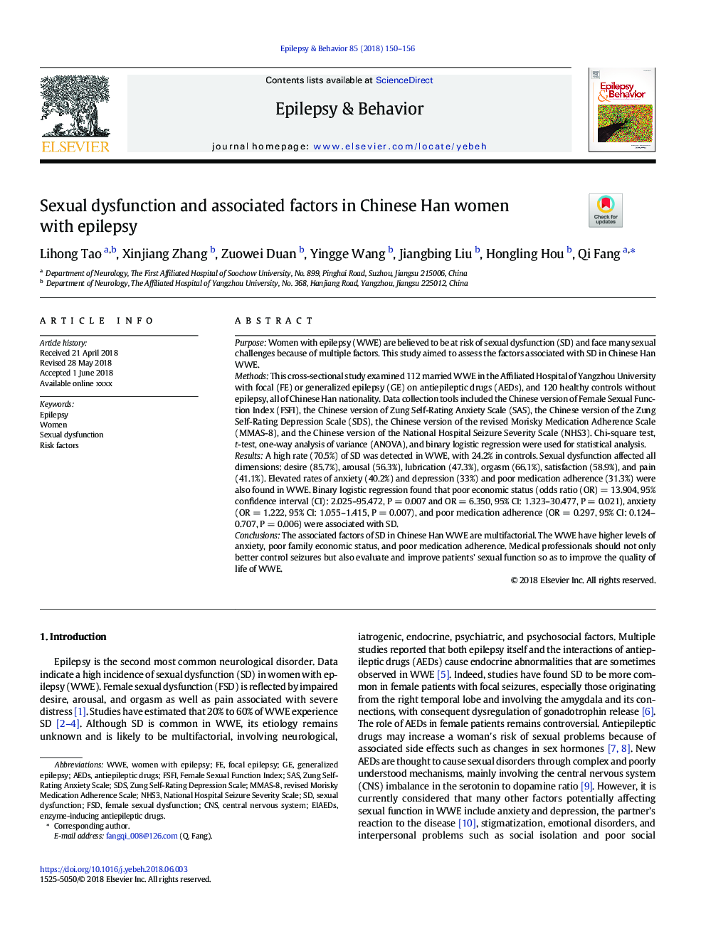 Sexual dysfunction and associated factors in Chinese Han women with epilepsy