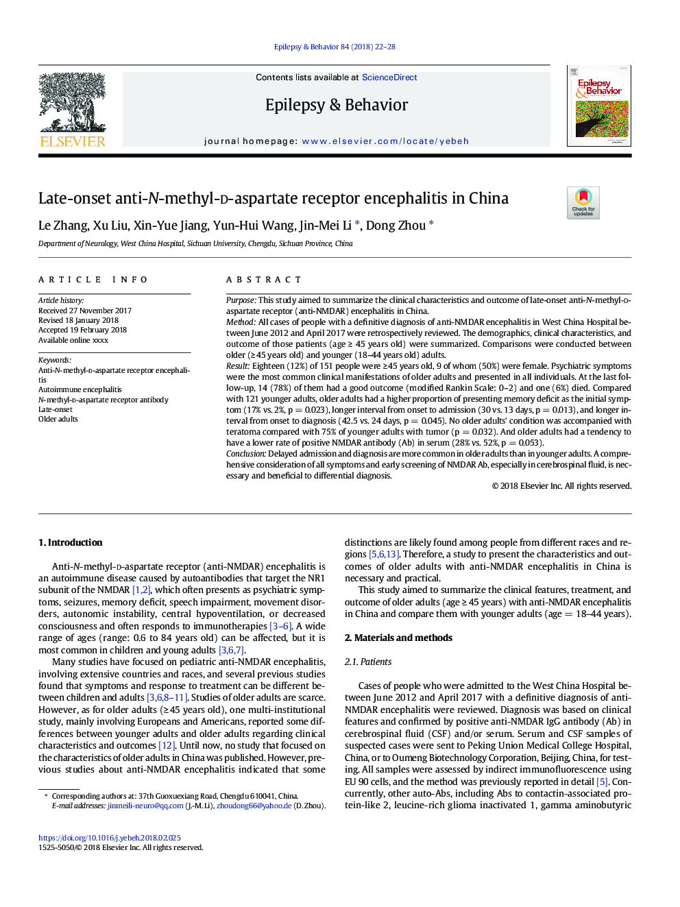 Late-onset anti-N-methyl-d-aspartate receptor encephalitis in China