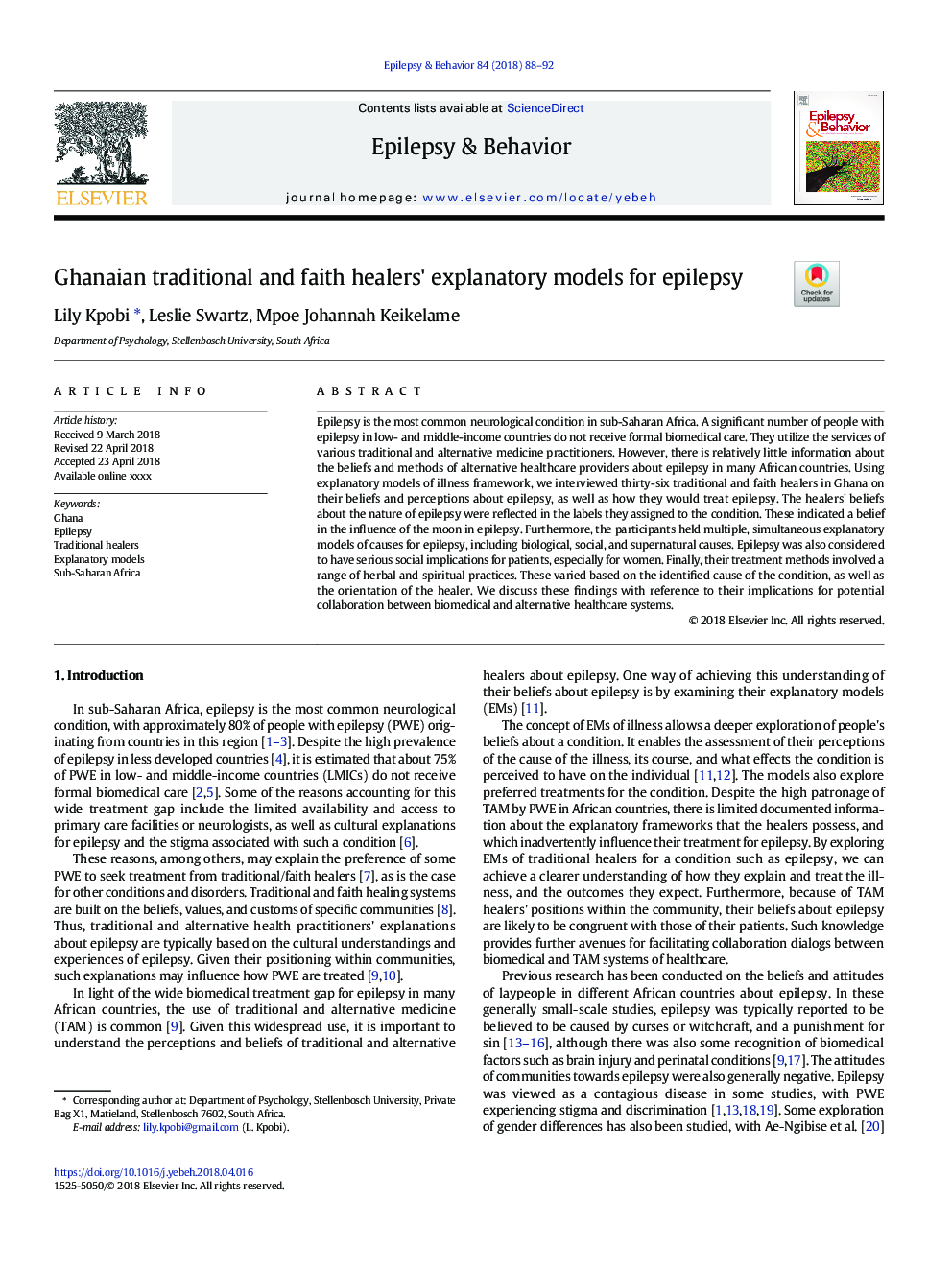 Ghanaian traditional and faith healers' explanatory models for epilepsy