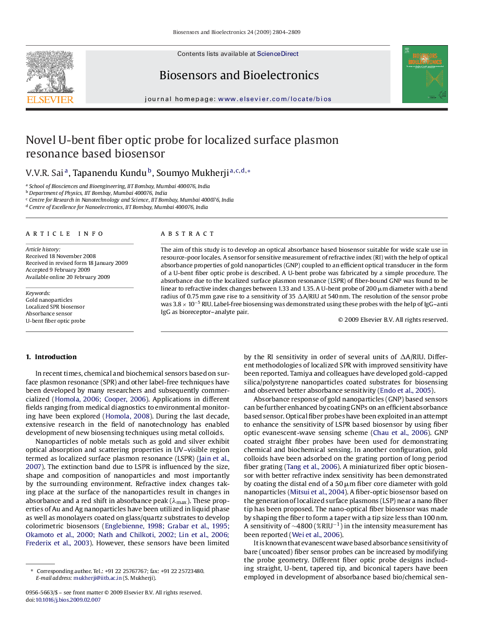 Novel U-bent fiber optic probe for localized surface plasmon resonance based biosensor