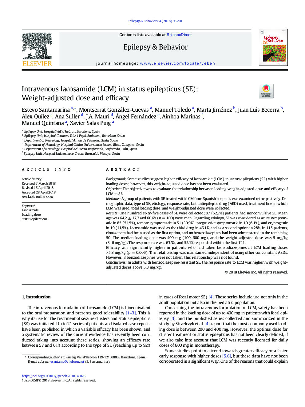 Intravenous lacosamide (LCM) in status epilepticus (SE): Weight-adjusted dose and efficacy