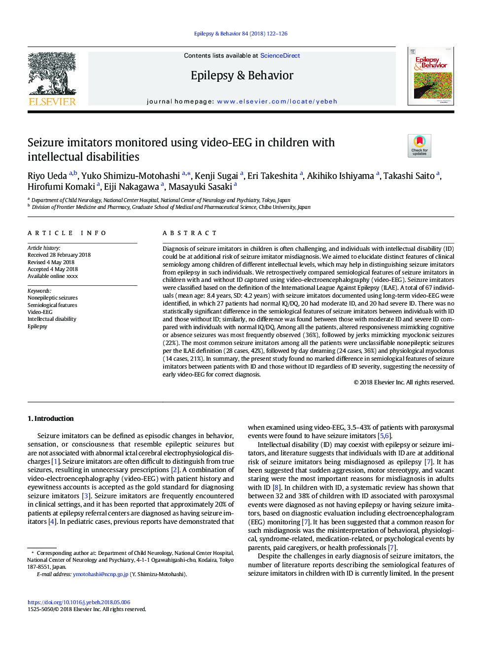 Seizure imitators monitored using video-EEG in children with intellectual disabilities